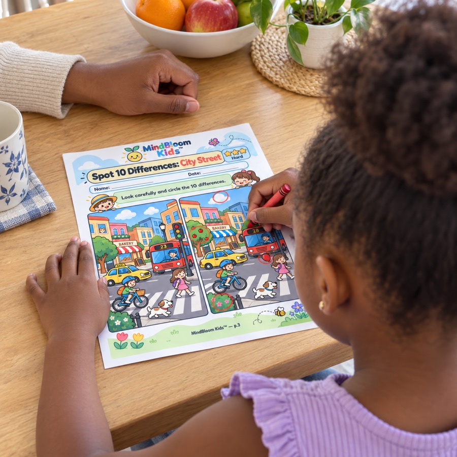 Illustrative scene of a child completing the City Street differences worksheet in the correct orientation