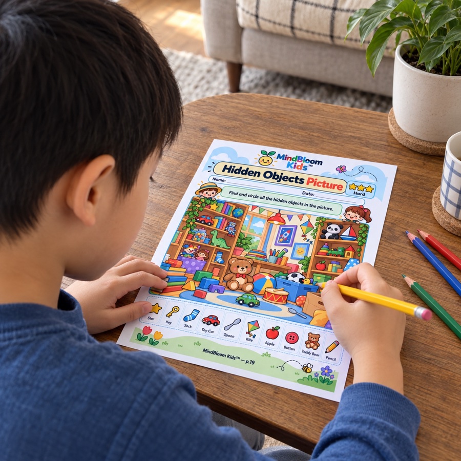 Illustrative scene of a child completing the Hidden Objects worksheet in the correct orientation