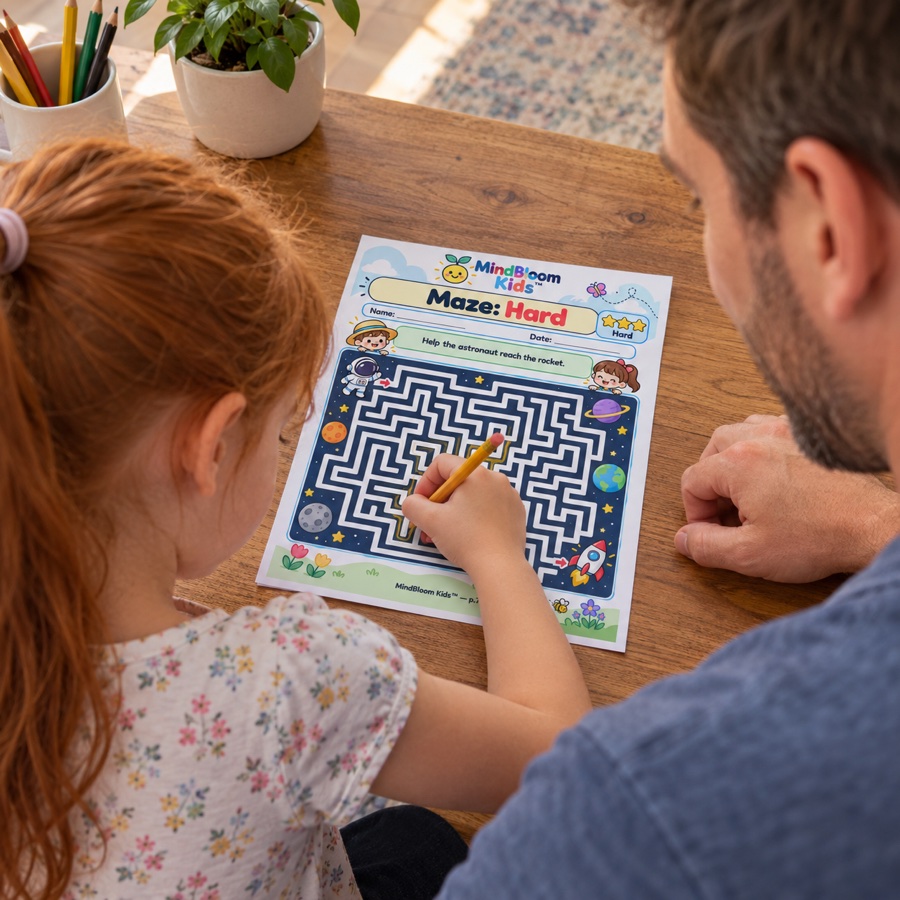 Illustrative scene of a child completing the space maze with a parent beside her and the page in the correct orientation