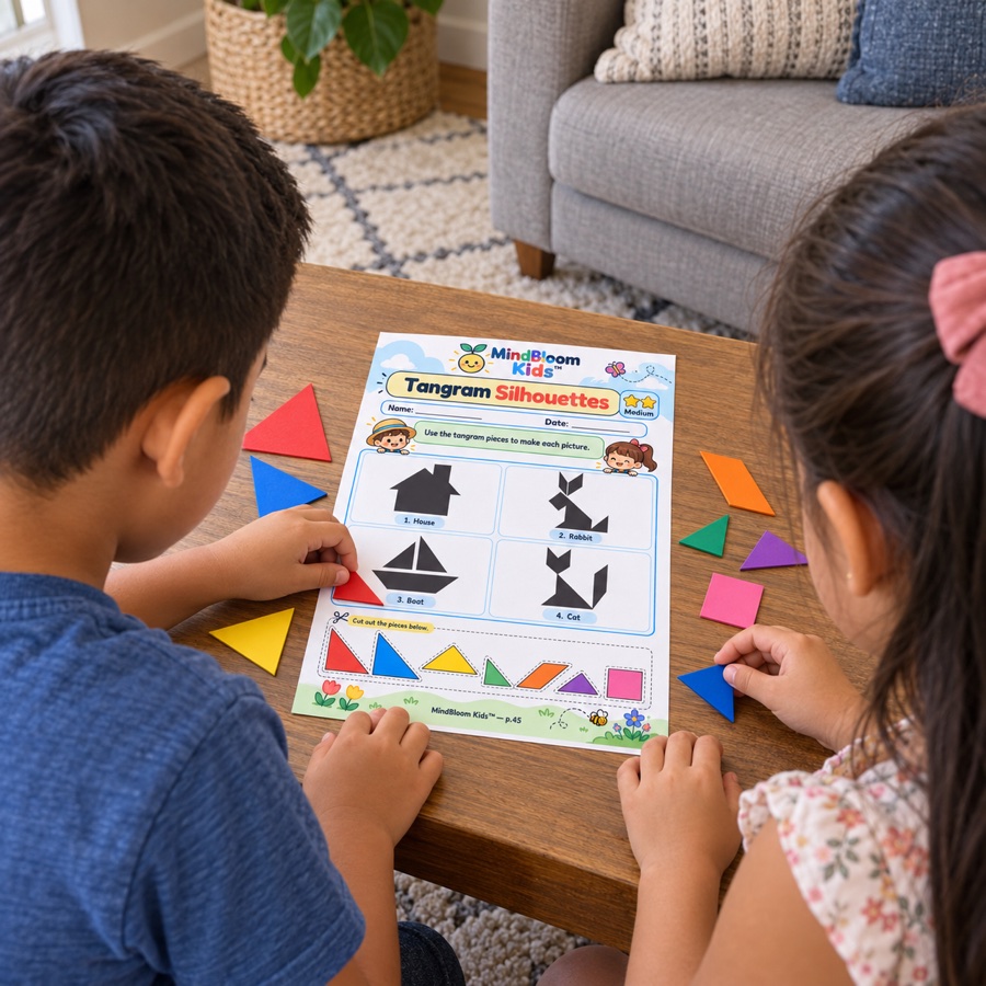 Illustrative scene of two children using the Tangram Silhouettes worksheet in the correct orientation